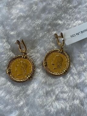🍀NWT! Sterling Silver Genuine Lira Gold Coin Drop Pierced Earrings